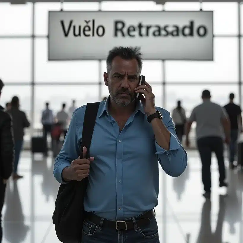 Pasajeros en aeropuerto esperando vuelo retrasado